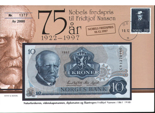 Bilde av Nobels fredspris til Fridtjof Nansen - 75 r (SEDDELBREV)