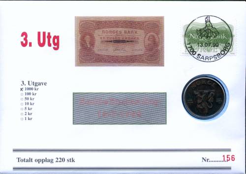 Bilde av Seddelinnløsning 13-7-1999 - 3. Utg 1000 kr seddel