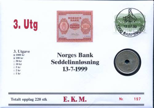 Bilde av Seddelinnløsning 13-7-1999 - 3. Utg 100 kr seddel