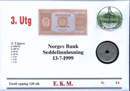 Bilde av Seddelinnløsning 13-7-1999 - 3. Utg 10 kr seddel