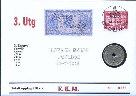 Bilde av Seddelinnløsning 13-7-1999 - 3. Utg 5 kr seddel