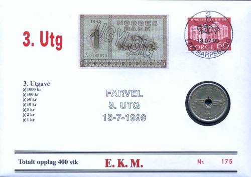Bilde av Seddelinnløsning 13-7-1999 - 3. Utg 1 kr seddel